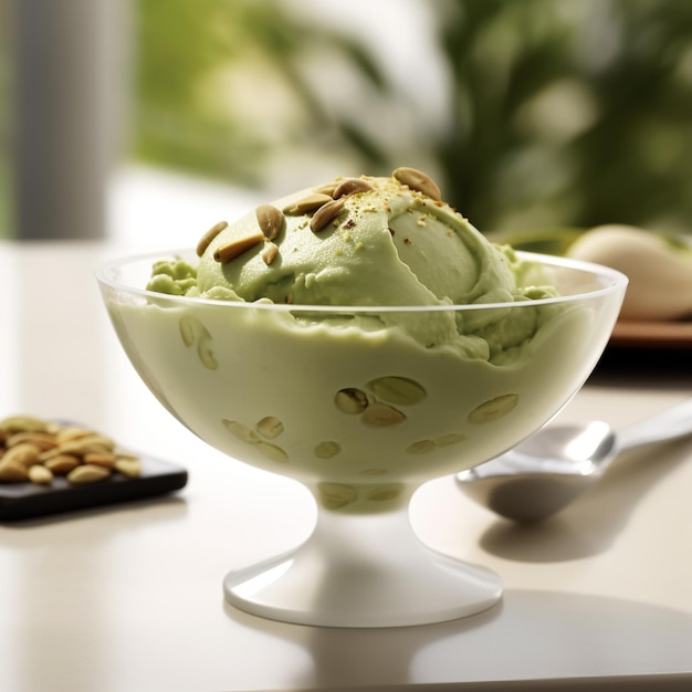 Tasty Pistachio Ice Cream isolated on blur background