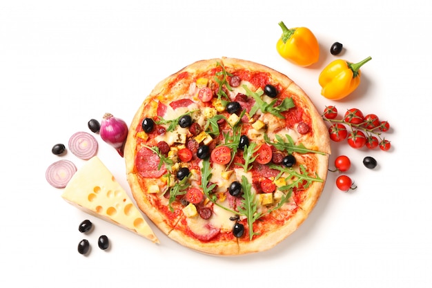 Tasty pizza and ingredients isolated on white background