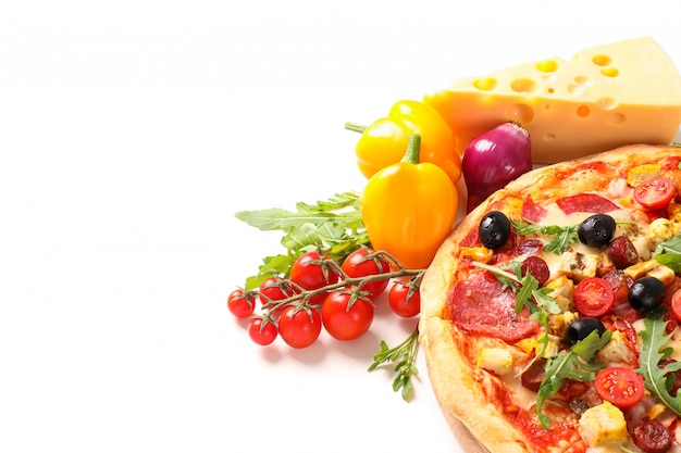 Tasty pizza and ingredients isolated on white background