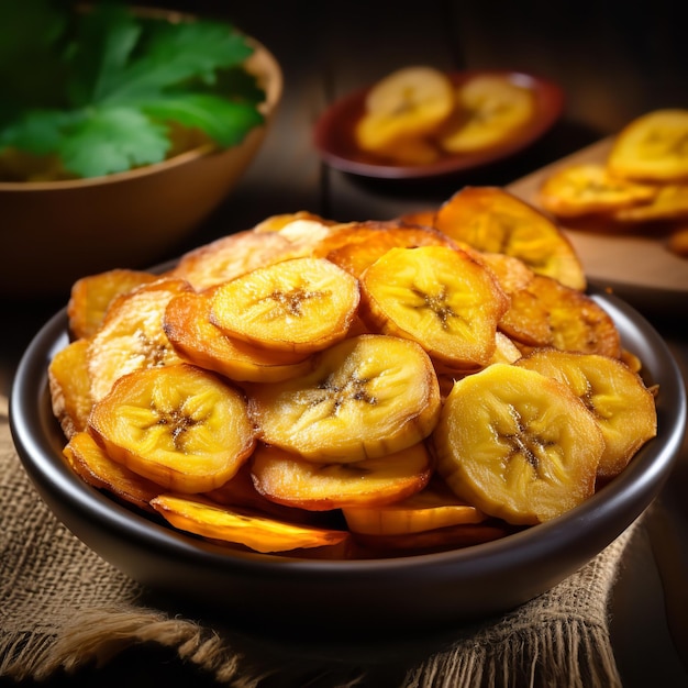 Tasty Plantain Chips Slices isolated on brown background