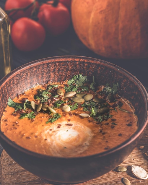 Tasty pumpkin soup with toasts and pumpkin seeds Toned photo Closeup