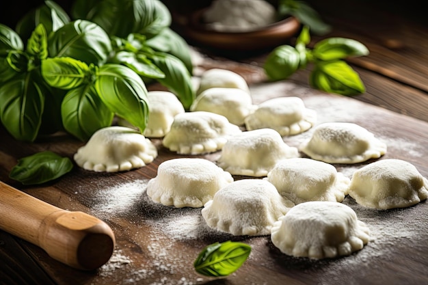 Tasty raw ravioli with flour and basil on wooden background Process of making italian ravioli