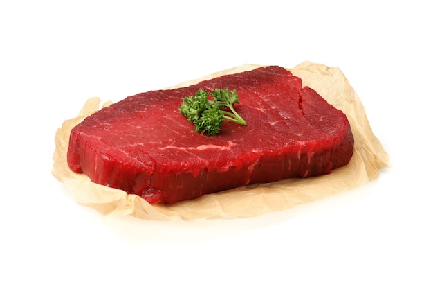 Tasty raw steak isolated on white background