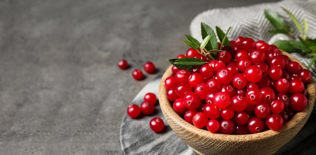 Tasty ripe cranberries on grey table space for text Banner design