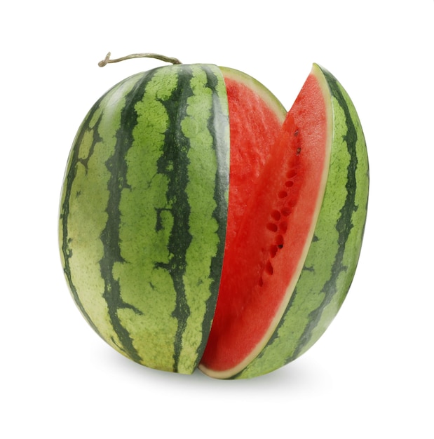 Tasty ripe cut watermelon on white background