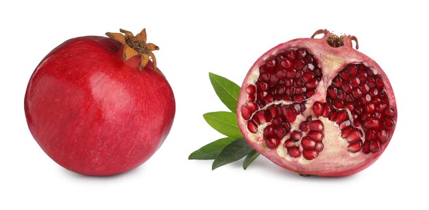 Tasty ripe pomegranates on white background collage Banner design