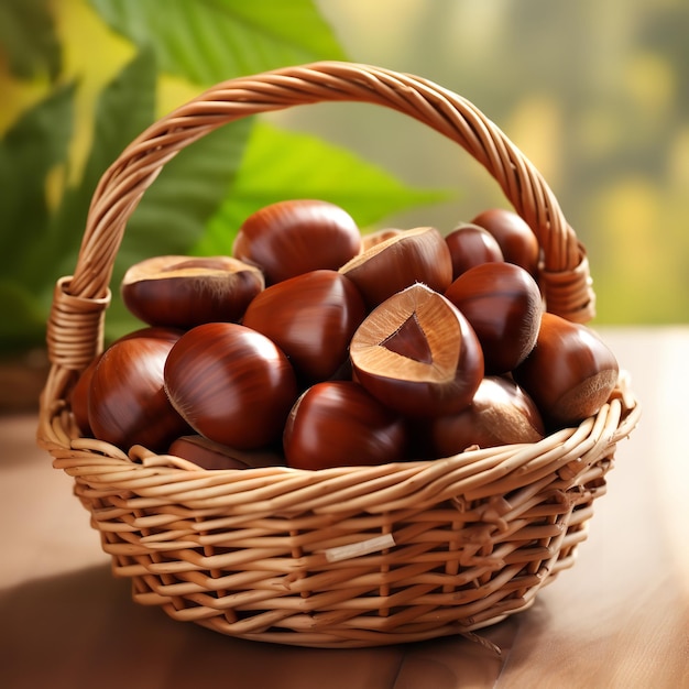 Tasty Roasted Chestnuts isolated on leafy background