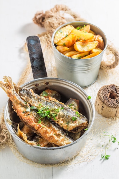 Tasty roasted herring fish with salt and herbs