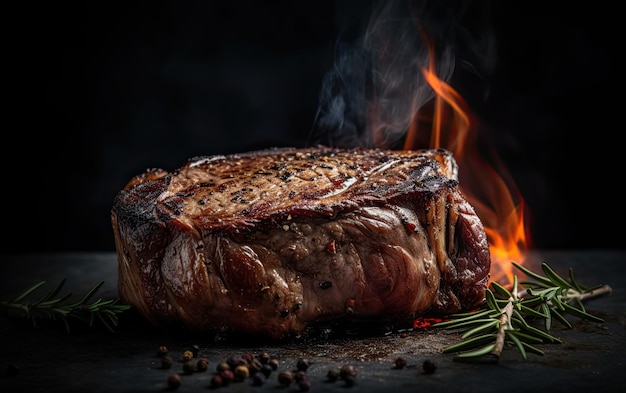 Tasty roasted meat steak cooking over the grill with flames