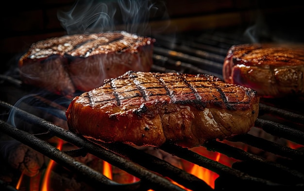 Tasty roasted meat steaks cooking over the grill with flames