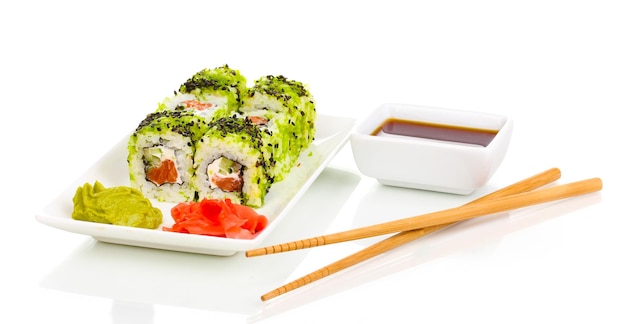 Tasty rolls served on white plate with chopsticks isolated on white