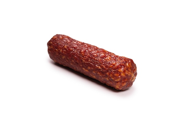 Tasty salami isolated on a white background. Top view.