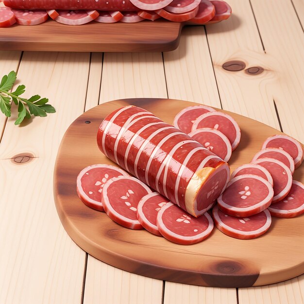 Tasty salami on plate and board on wooden table on fire background