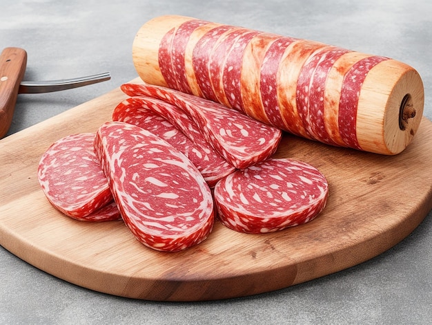 Tasty salami on plate and board on wooden table on fire background