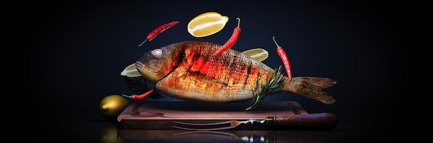 Tasty sea fishes flying in the air. Freeze motion barbecue concept. 3d rendering.