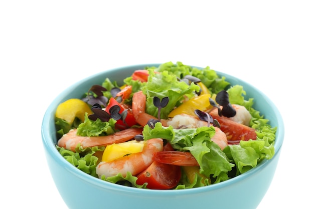 Tasty shrimp salad isolated on white background