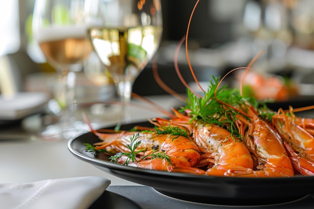 Photo tasty shrimps in black plate in modern restaurant with copy space