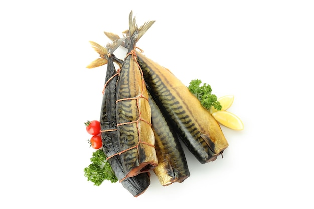 Tasty smoked mackerel isolated on white background