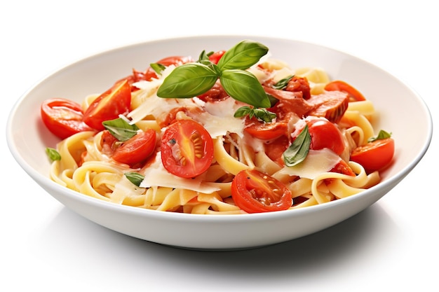 Tasty spaghetti with tomatoes and basil leafs in plate Generative AI