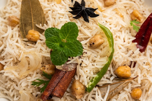 Tasty Spicy Chana Pulao or Pulav or pilaf cooked with Basmati Rice and Chickpeas black or white chickpeas with spices