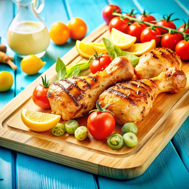 Photo tasty succulent grilled chicken with tomatoes and lemons