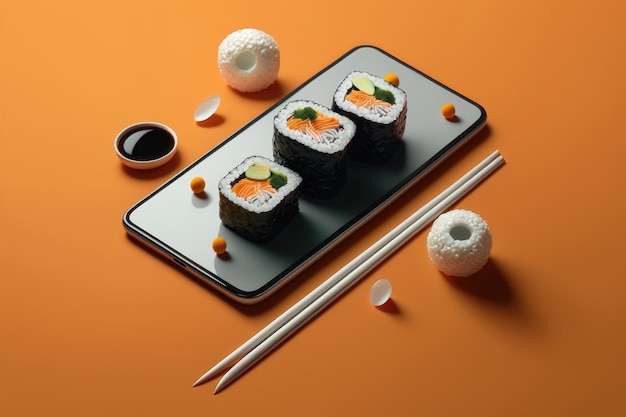 Tasty sushi rolls on screen of mobile phone and chopsticks on color background AI Generation