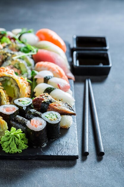 Tasty sushi set made of fresh vegetables and seafood