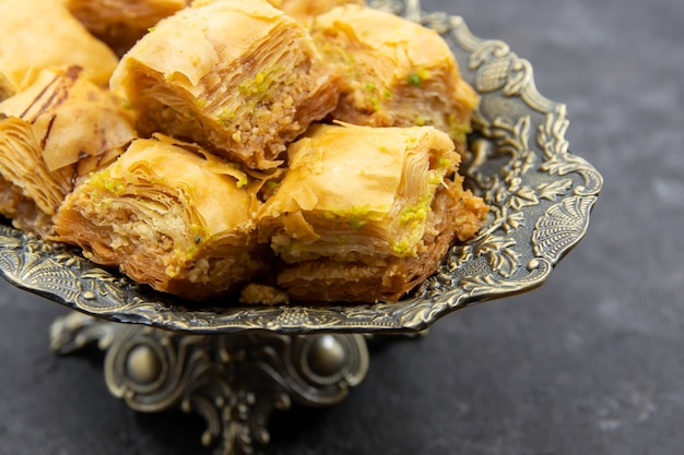 Tasty sweet Turkish Ramadan Dessert Baklava on a decorative plate