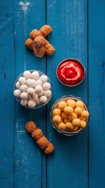 Tasty sweets on wooden blue table