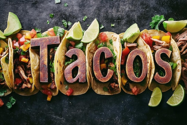 Photo tasty tacos with textured letters