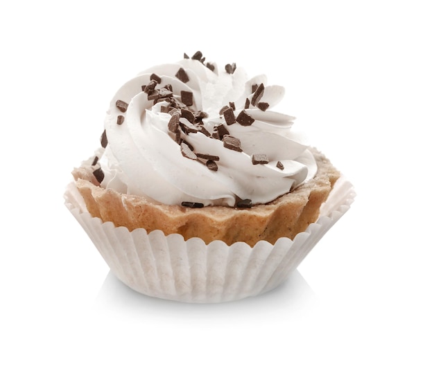 Tasty tartlet with whipped cream on white background