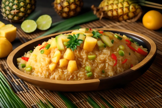 A tasty Thai meal called pineapple fried rice is served in a bowl on a tray made from bamboo AI Generated