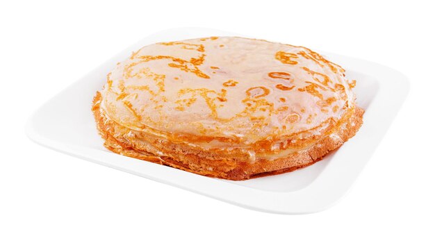 Tasty thin pancake on white plate