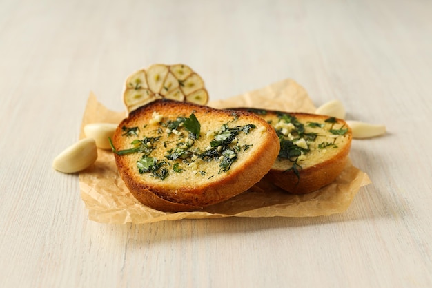 Tasty toasts with garlic homemade products appetizer