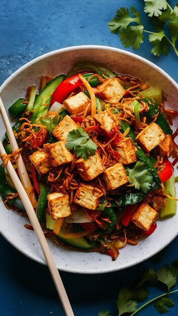 Photo tasty tofu stir fry with veggies crispy tofu and fresh cilantro perfect vegan meal for healthy