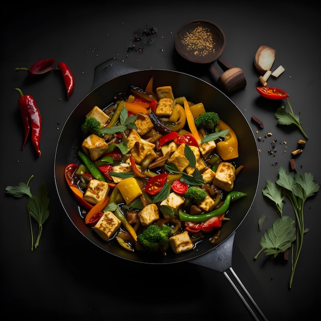 Tasty tofu stir fry with veggies, crispy tofu and fresh cilantro. Perfect vegan meal for healthy