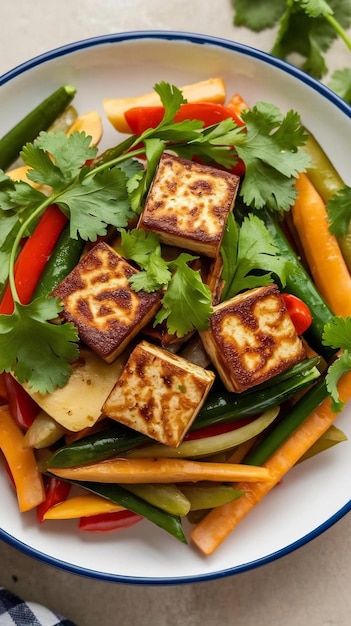 Photo tasty tofu stir fry with veggies crispy tofu and fresh cilantro perfect vegan meal for healthy