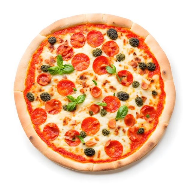 Tasty top view pizza italian traditional round pizza white background Ai Generative