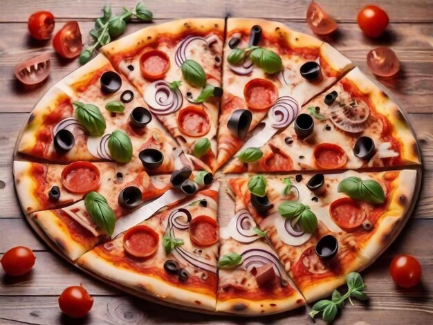 Tasty top view sliced pizza Italian traditional round pizza