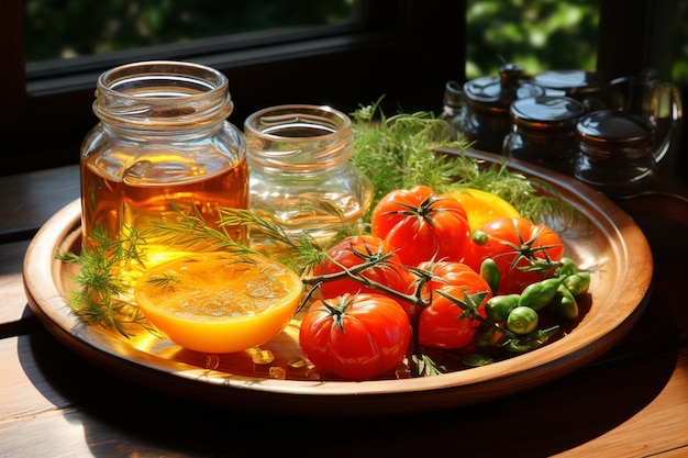 Tasty vegetables on glass plate with wooden board of tomato ar c