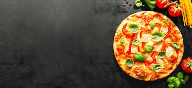 Tasty vegetarian pizza on dark background