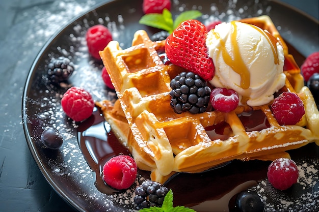 Tasty Waffles with Ice Cream Butter Berries and Syrup