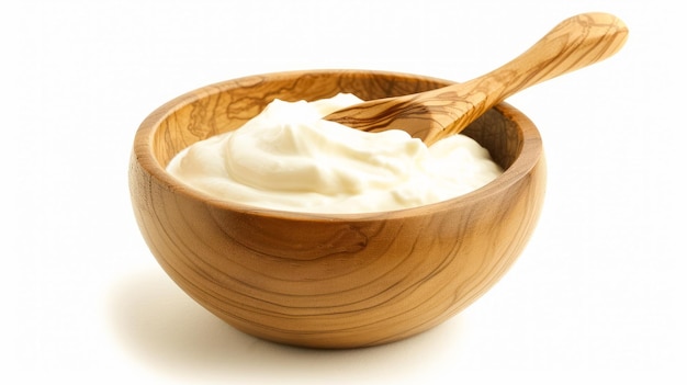 Tasty yoghurt in a wooden bowl isolated on a white background