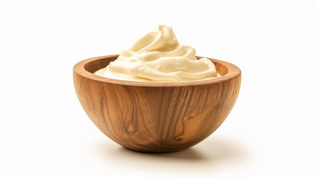 Tasty yoghurt in a wooden bowl isolated on a white background