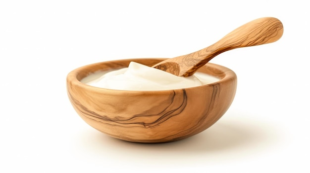 Tasty yoghurt in a wooden bowl isolated on a white background