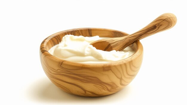 Tasty yoghurt in a wooden bowl isolated on a white background