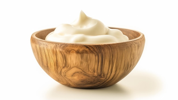 Tasty yoghurt in a wooden bowl isolated on a white background