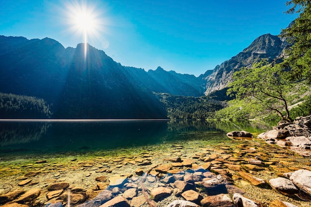 Tatra National Park in Poland Famous mountains lake Morskie oko or sea eye lake In High Tatras Five lakes valley