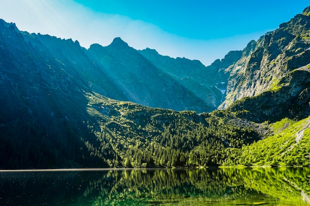 Tatra National Park in Poland Famous mountains lake Morskie oko or sea eye lake In High Tatras Five lakes valley