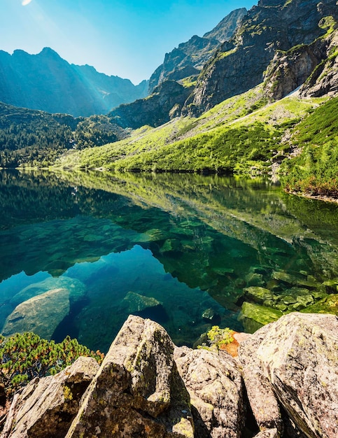 Tatra National Park in Poland Famous mountains lake Morskie oko or sea eye lake In High Tatras Five lakes valley